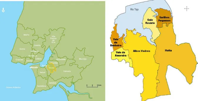Figura 2 e 3 – Localização do Concelho da Moita na AML e do Vale da Amoreira. 