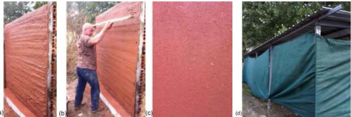 Fig. 2 Application of the earth plaster: (a) after mechanically application, (b) manual levelling and  (c) finished surface; (d) protection of the experimental walls 