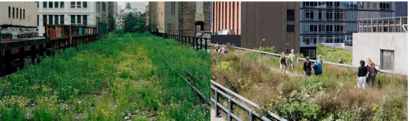 Figura 29 – High Line de Nova Iorque, antes e depois do projeto  © Joel Sternfeld (fotografia à esq.); © Iwan Baan (fotografia à dir.) 