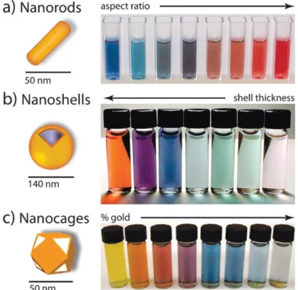 Figure  4.  Gold  nanoparticles  commonly  applied  in  biomedical  applications.  (a)  Gold  nanorods,  (b)  silica–gold core–shell nanoparticles, and (c) gold nanocages