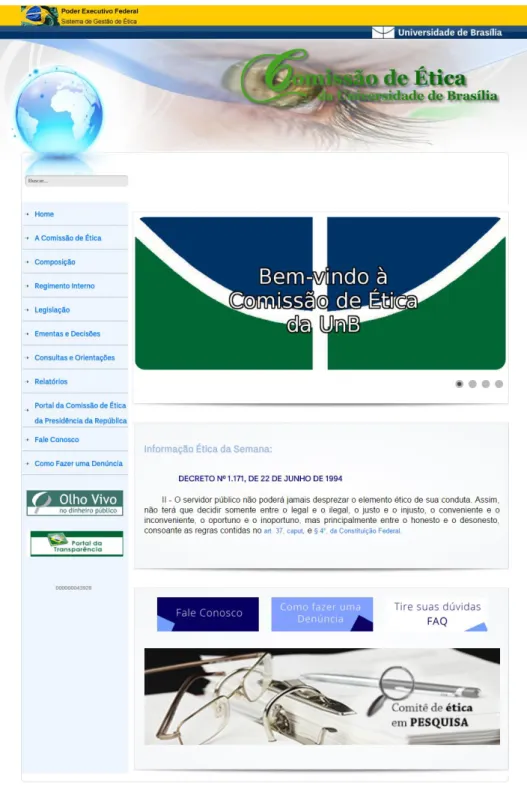 Figura 1. Página inicial do Site da Comissão de Ética/ UnB  Fonte: Site da Comissão de Ética/UnB