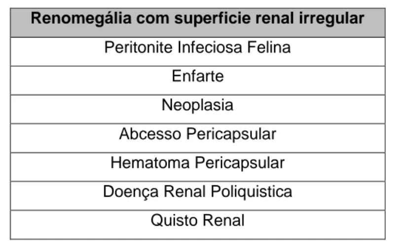Tabela 1 - Renomegália: Diagnóstico Diferencial (adaptado de Gough, 2007)  Renomegália com superficie renal irregular 