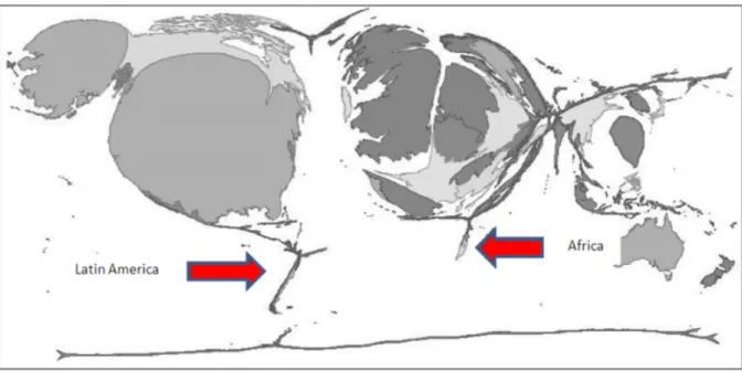 Figure 2 highlights the almost complete absence of Latin America and Africa from the map  together with the underrepresentation of Asia in demonstrating the asymmetry of knowledge in  the  colonialist  world  where  dialogues  between  Global  South  and  