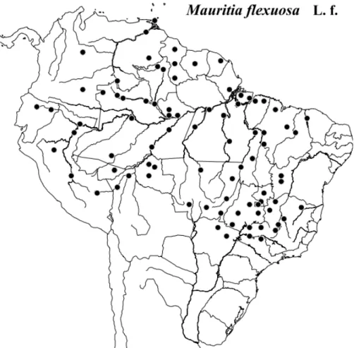 Figura 3. Distribuição geográfica conhecida de Mauritia flexuosa L. f., Oliveira-Filho e  Ratter (2000)