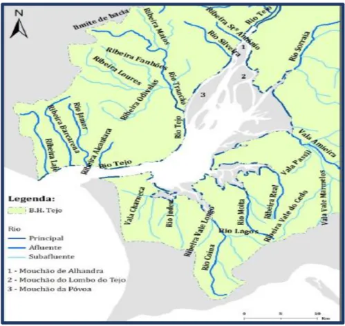 Figura 1.2. Representação da bacia hidrográfica do Estuário do Tejo (zona esverdeada), o rio principal (linha a cheio azul  escura),  afluentes  (linha  azul  ligeiramente  mais  clara)  e  os  seus  subafluentes,  representados  a  linha  a  cheio  azul  