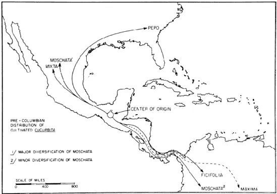 Figura 2 - Provável distribuição e centro de origem das 5 espécies cultivadas do género Cucurbita  (Fonte: Whitaker e Bemis, 1975) 