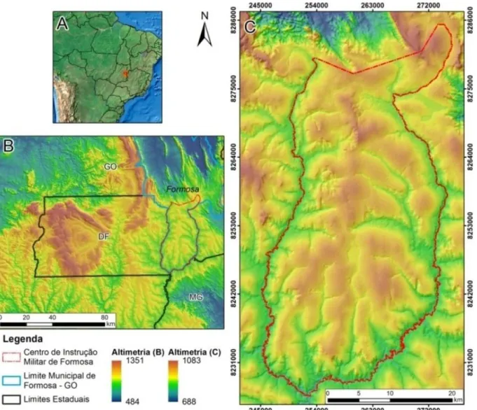 Figura 1 - Localização do CIF no contexto nacional (A), regional com altimetria (metros de  altitude) da região do Distrito Federal e entorno (B) e altimetria local (C)