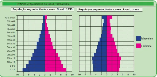 Figura 3. Pirâmides populacionais no Brasil em 1950 e 2000. Fonte: LEBRÃO, 2007. 