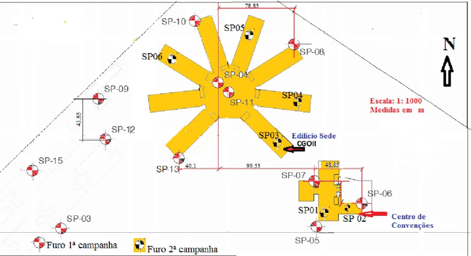 Figura 3.5 Localização dos furos (SP) do ensaio tipo SPT da primeira e segunda campanha de sondagem - Croqui de Sondagem Modificado 