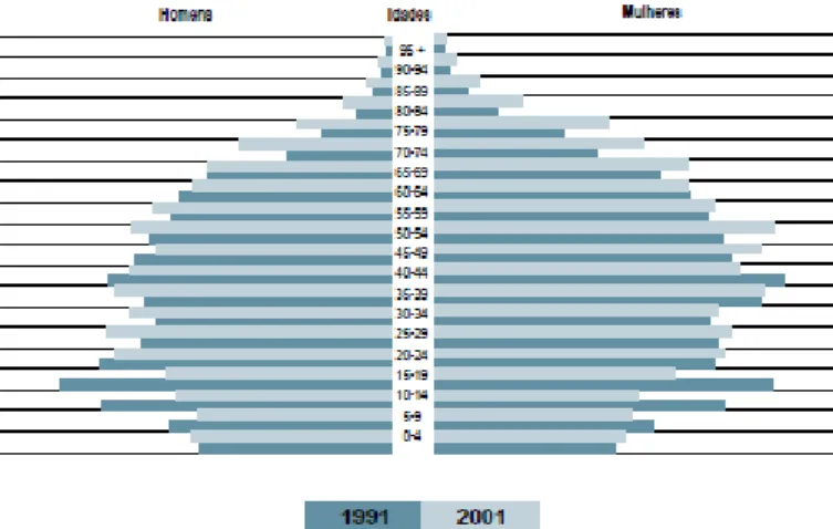 Figura 8 - Evolução da Estrutura Etária entre 1991 e 2001 na freguesia de Cascais. Fonte: INE, Censos  1991 e 2001; CMCascais - Divisão de Estatística  