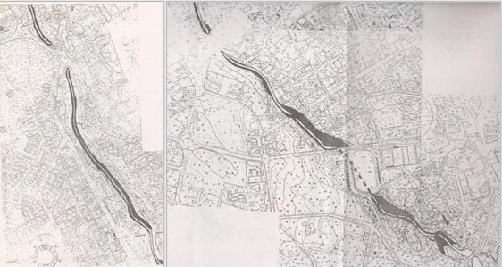 Figura  14  -  Áreas  inundadas  na  cheia  de  1983.  Esquerda:  Parque  Urbano.  Direita:  Jusante  (Zona  do  Hipódromo); Fonte: Regularização da Ribeira dos Mochos, Estudo Prévio (INAG, 1992) 