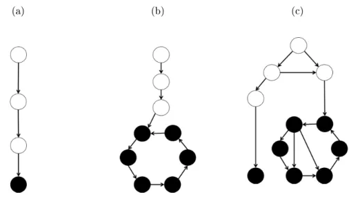 Figure 2.1: Possible evolutions of discrete dynamical systems from an initial state. Nodes represent states of the system, and directed arrows are the transitions between states