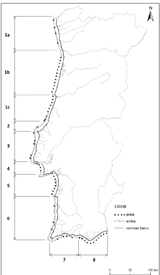 Fig. 12 – Divisão do litoral de Portugal Continental em células sedimentares (fonte: Relatório do GTL, 2014) 