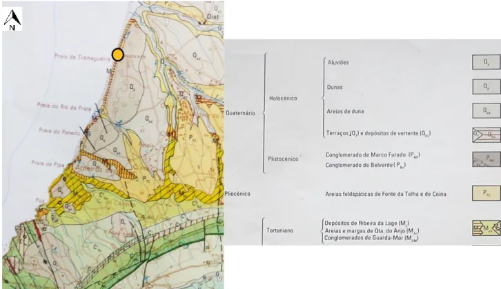 Figura 4.3 - Localização da Praia do Meco na Carta Geológica 38-B à escala de 1:50 000  (Adaptado de Manupella et al., 1999)