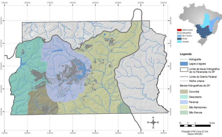 Figura  3.3  Área  de  abrangência  do  CBH-RP  em  destaque,  compreendendo  bacias  afluentes  do  rio  Paranaíba dentro do DF