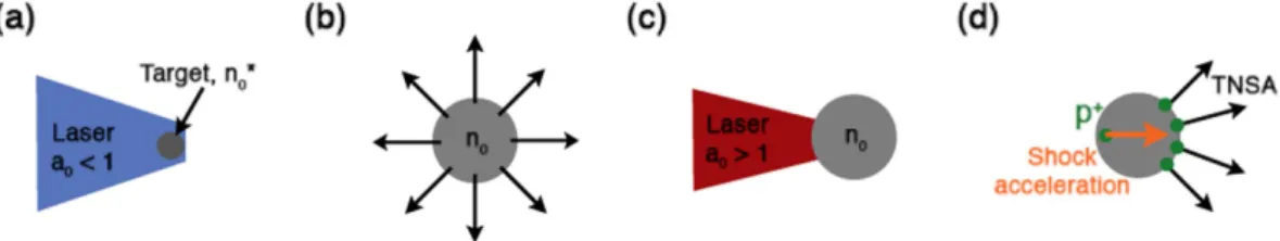 Figure 1.  Simulation setup: (a) The high-density target is irradiated by a laser with large focal area (b) leading  to hydrodynamic expansion of the target