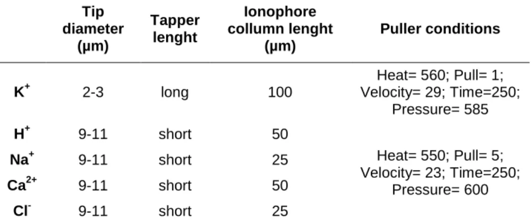 Table III.3 –  Characteristics of the optimized ion-selective electrodes for SIET  application to adult zebrafish caudal fin 