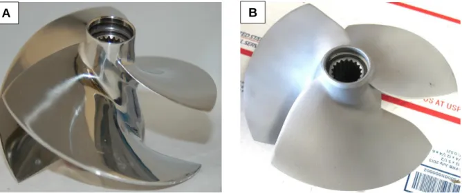 Figura 3.1 – Hélice de uma moto aquática marca Sea Doo, modelo GSX, ano 1997,  a) polida e b) jateada