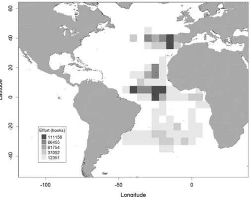 Figure  2.1  -  Spatial  distribution  of  the  sampling  effort  (fishing  effort  in  number  of  hooks)  analyzed  for  this  work,  from  the  Portuguese pelagic longline fleet in the Atlantic Ocean, between 2003 and 2016