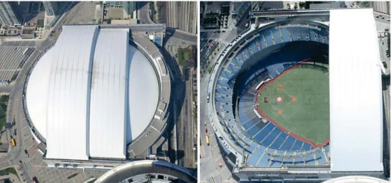 Figure 1. Rogers Centre - Roof closed  Figure 2. Rogers Centre - Roof open  Also the Wembley Stadium in London, designed by Foster and Partners, Populous and the Mott  Stadium Consortium, 2007, as a retractable roof