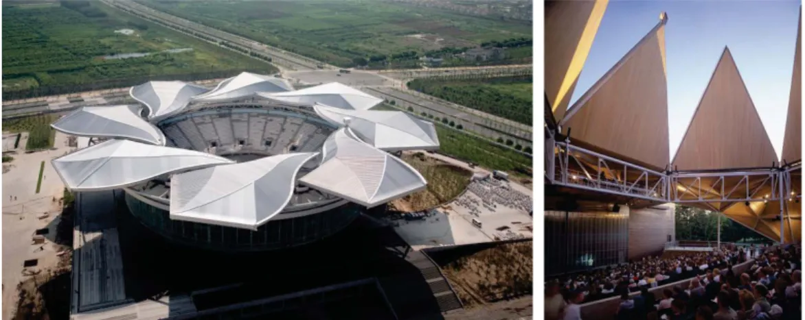 Figure 5. Qizhong Forest Sports City Arena - Roof open  Figure 6. Bengt Sjostrom Starlight Theater  The category of Foldable Roofs is the one where the Rigid Origami Foldable Surfaces belong,  nevertheless the most common are retractable textile like roofs
