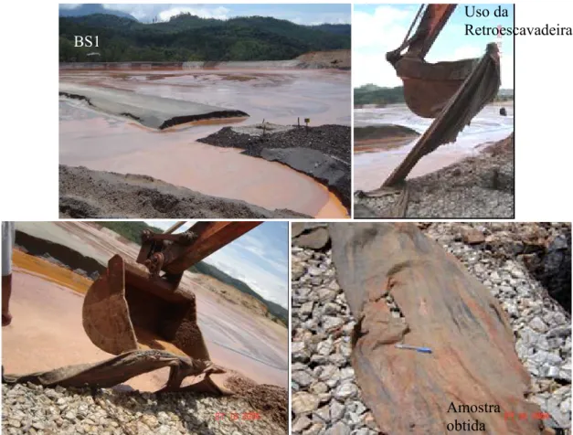 Figura 3.15: Exumação da amostra de geotêxtil na baia de secagem número 1 (BS1), da  barragem do Germano, da UIG / Samarco