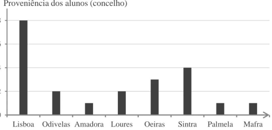 Figura  11.  Distribuição  da  proveniência  dos  alunos  por  concelho.  No  eixo  horizontal,  os  concelhos  sucedem-se  de  acordo  com  a  distância  a  que  estão  da  escola  com  os  mais  próximos situados mais à esquerda e os mais distantes à dir