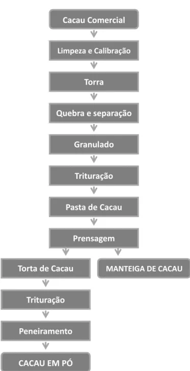Figura 2 - Esquema geral de produção da Pasta de Cacau e dois  dos seus subprodutos  (Fonte; Almeida, 1999) 