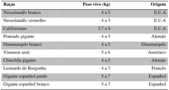 Tabela 1. Raças destinadas à produção de carne (Copiado de Duarte &amp; Carvalho, 1979)