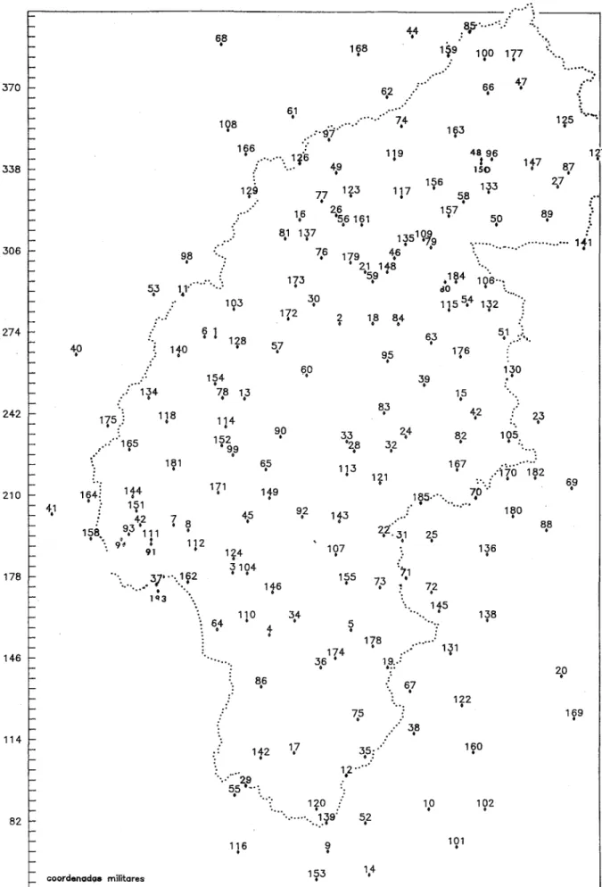 Fig. 2 - Localização das estações climatológicas e postos udométricos.. - Estação climatológica ou posto udométrico.