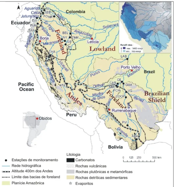 Figura  1.1  -  Localização  geográfica  das  estações  amostradas  e  tipos  litológicos  principais  da  Bacia  Amazônica