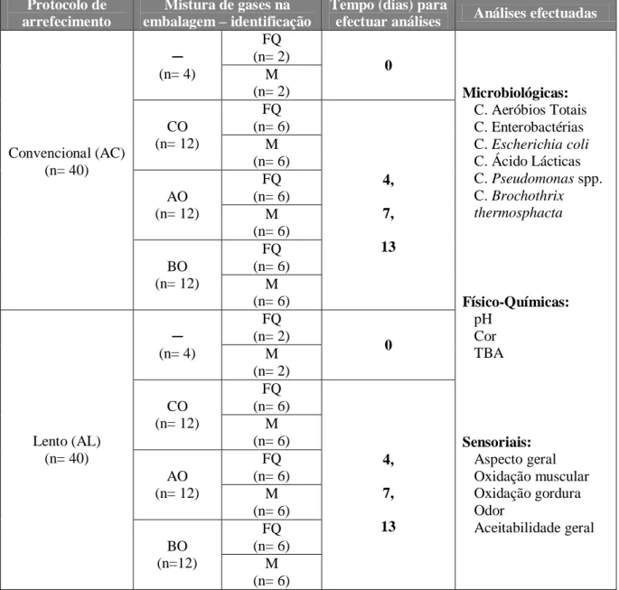 Tabela 2: Protocolo de análises a efectuar nas costeletas embaladas de acordo com as condições  em estudo