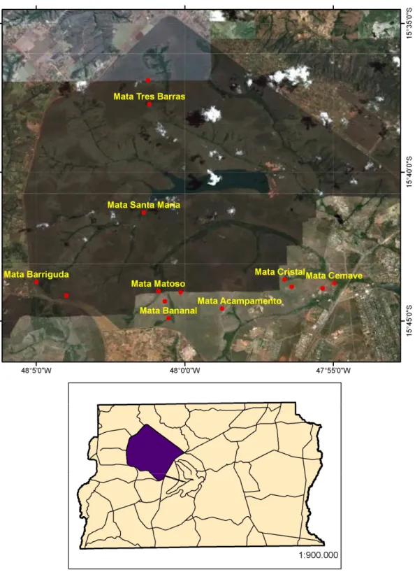 Figura 2 - Localização dos pontos de coleta de poneromorfas no Parque Nacional de  Brasília, Distrito Federal, Brasil