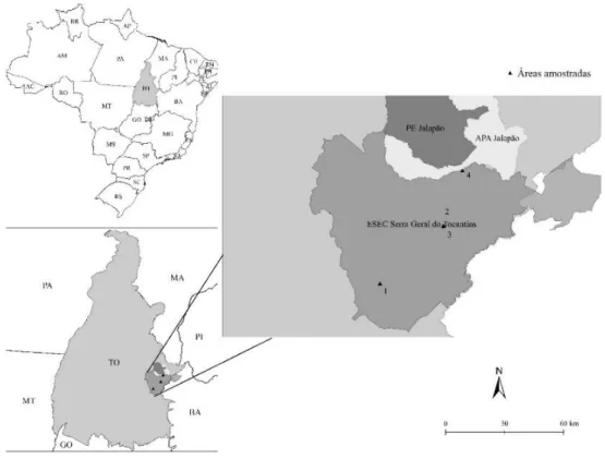Figura 1. Localização das quatro Veredas estudadas na Estação Ecológica Serra Geral do Tocantins,  Brasil