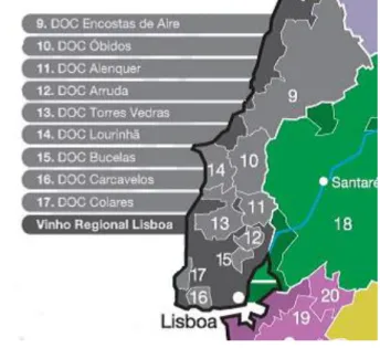 Figura 2 – Adaptação do mapa das regiões vitivinícolas de Portugal: região vitivinícola de Lisboa e  denominações de origem