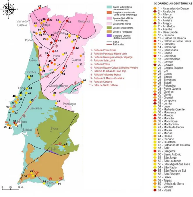 Figura 6 - Ocorrências geotérmicas em Portugal Continental e o seu enquadramento tecno-estratigráfico [1]