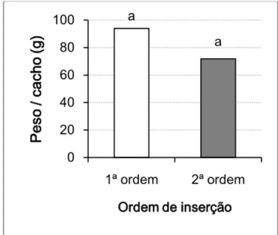 Figura  4.7.  Influência  da  ordem  de  inserção  do  cacho  no  respectivo  peso,  na  modalidade  Testemunha,  em  videiras  da  casta  ‘Merlot’