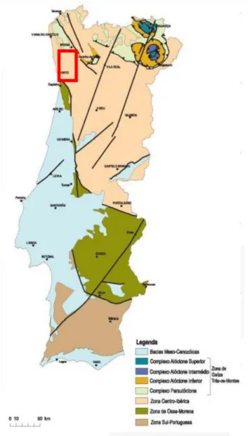 Figura 2 – Mapa das grandes zonas geotectónicas e  estruturas maiores, Carta Geológica de Portugal 1:1000000 