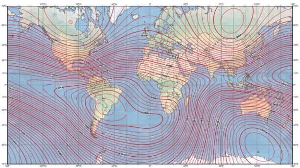 Figura 21 – Mapa de Intensidade Magnética do Campo Magnético Terrestre principal. Intervalo de curvas  1000nT (World Magnetic Model)