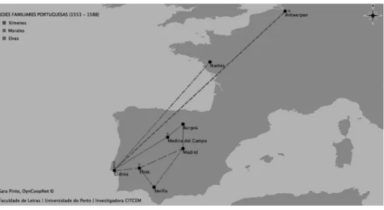 Figura 4. Localização dos elementos das famílias Gomes d’Elvas, Ximenes e Morales entre 1553 e 1588.