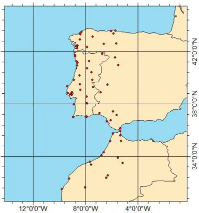 Figura 2.4. Distribuição das estações meteorológicas utilizadas (assinalado no mapa com  pontos)