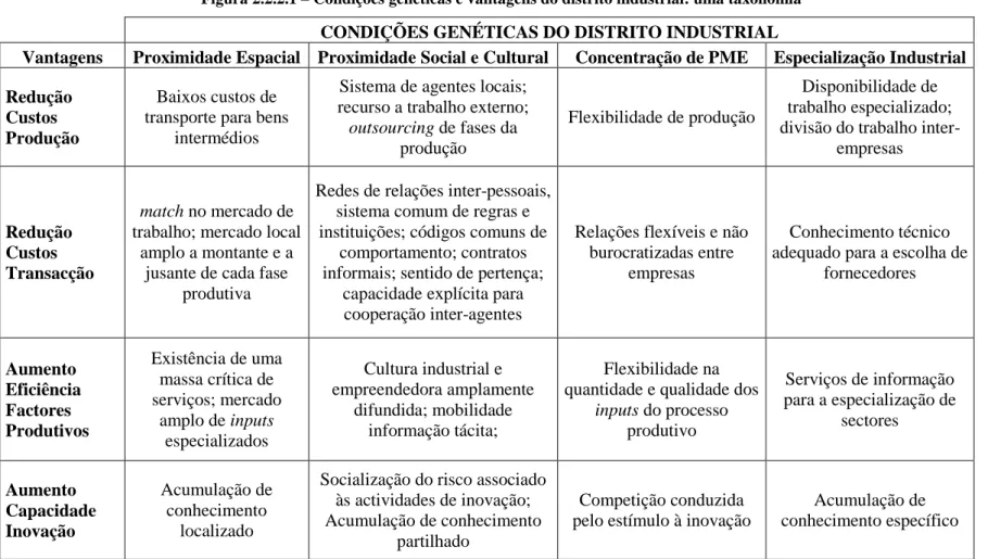 Figura 2.2.2.1 – Condições genéticas e vantagens do distrito industrial: uma taxonomia  CONDIÇÕES GENÉTICAS DO DISTRITO INDUSTRIAL