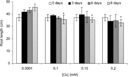 Figure 2. Root length as a function of time and copper concentration in nutrient solution