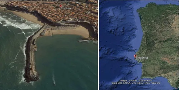 Figura 18 – Quebra-mar do Porto da Ericeira e respetiva localização [fonte: Google Earth 2020] 