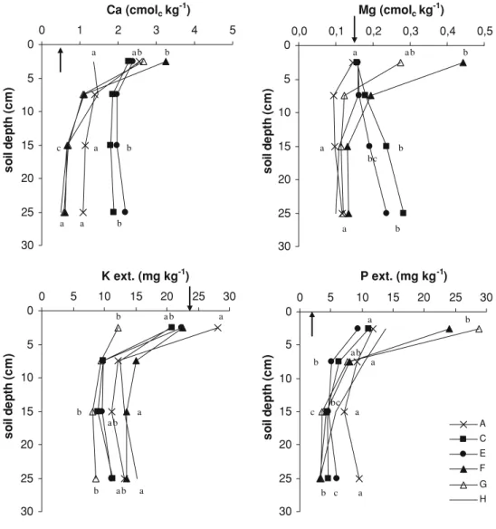 Fig. 2 Contents of exchange- exchange-able Ca and Mg, and of  extract-able K and P in the mineral  substrate of lysimeters for  treat-ments A, C, E, F, G and H,  according to depth (n = 5)