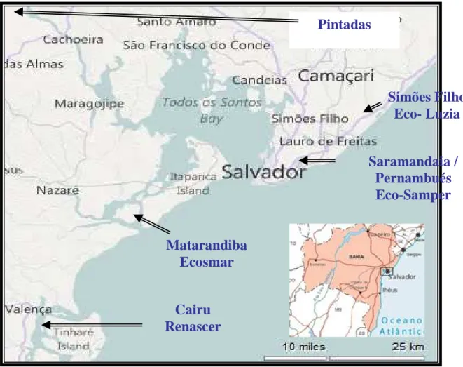 Fig. 4.8 - Mapa de localização geográfica dos projectos da ITES / UFBA no Estado da Bahia, no Brasil
