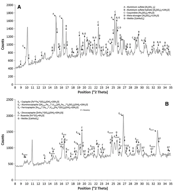 Fig. 5. X-ray diffractograms of two samples (A and B) of the surface efﬂorescent salts identiﬁed in control collected after thirteen months of incubation.