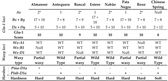 Table  1.  High  Molecular  Weight  glutenin  subunits,  waxy  and  puroindolines  allelic  composition  and  correspondent predicted flour technological characteristics. 