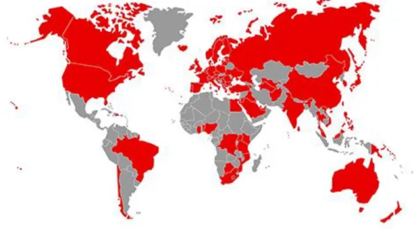 Figure 1: Vodafone global presence (shaded in red) 