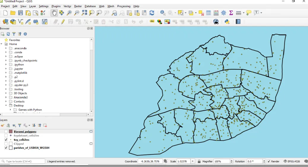 Figure 9: QGIS Software graphic user interface with visualization of cell sites (yellow points) onto the map of Lisbon 